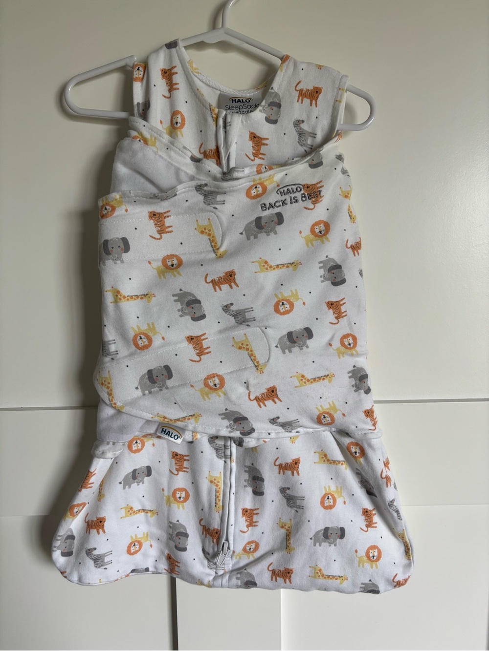 Halo SleepSack Swaddle - White with Yellow, Orange & Gray Safari Animals